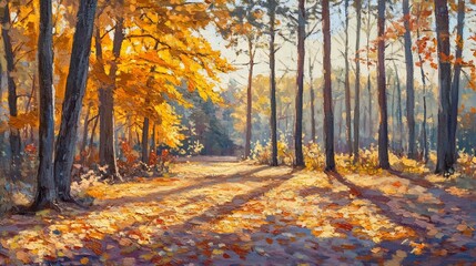 Fototapeta premium Autumn forest path with golden foliage and long shadows.