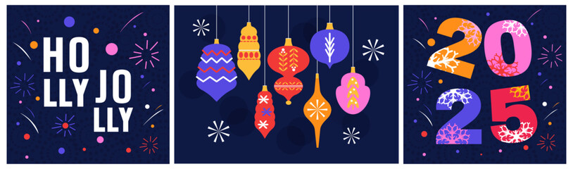 Set of modern trendy greeting card. Christmas and New Year. Mosaic. Geometric. Wrapping paper. Hand drawn. Doodle. Elements, shapes, frames. 2025. Flat. Xmas. Vintage set. Squares. Balls. Holly Jolly