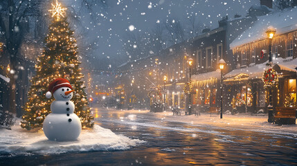 Fototapeta premium New Year's composition, winter city. The town will be decorated with garlands, lanterns are located along the paths, snowmen stand near the houses, there is a festive spruce with gifts on the square