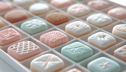 Decorative cookies in various pastel colors arranged in a box for a festive celebration