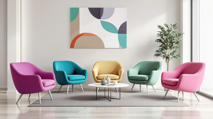 Minimalist interior design of modern living room with vibrant colorful multicolored armchairs and couch. 