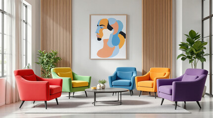 Obraz premium Minimalist interior design of modern living room with vibrant colorful multicolored armchairs and couch. 
