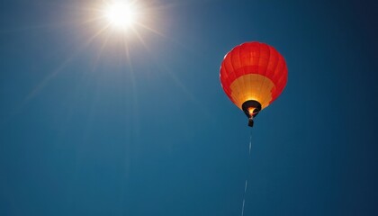 Fototapeta premium A single coral balloon, illuminated by a warm, golden light, floating upwards against a dark blue sky,