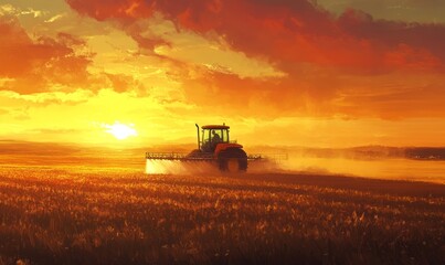 Fototapeta premium Modern tractor actively spraying crops on a vast farm with a dramatic sunset in the background