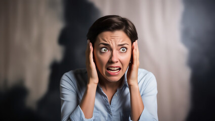 Fototapeta premium Capture a poignant moment of fear, focusing on a person’s wide, fearful eyes as they stare into the distance, seemingly reacting to an unseen event. Their hands are slightly raised to their ears, sugg