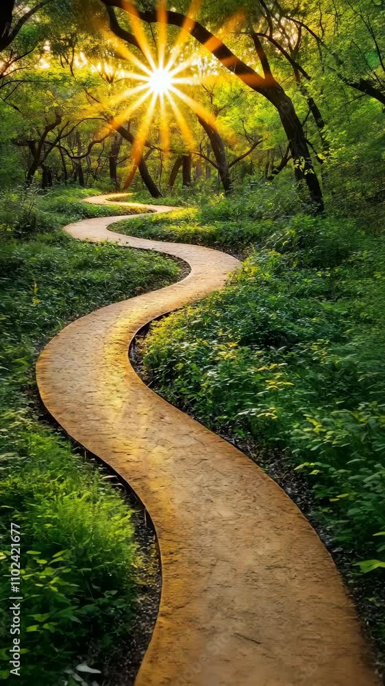 Poster winding path through a lush forest with sunlight filtering through the trees during golden hour