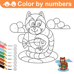 Coloring page by Numbers. Cute Cat with fish. Coloring puzzle with numbers for kids. Kitten with fish. Worksheet at school, home. Sketch vector illustration