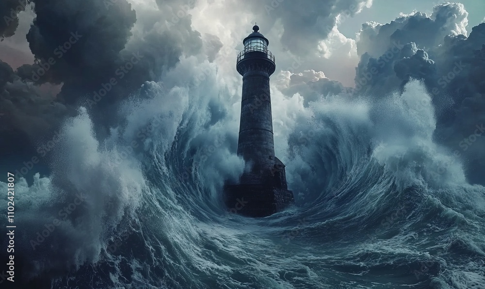 Poster render a unique interpretation of a terrifying tsunami about to hit a lighthouse in the midst of a v