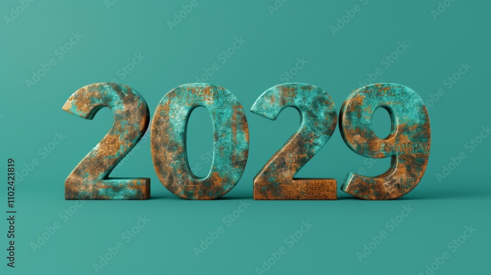 Poster a 3d 2029 rendered in rustic turquoise and bronze tones, evoking a sense of time and transformation,