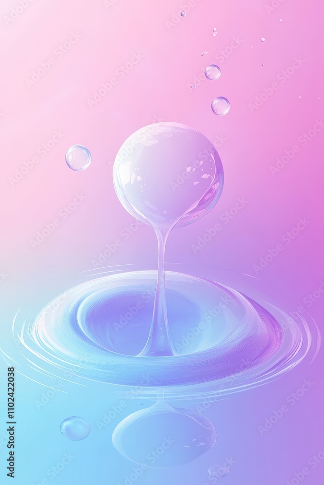 Poster a serene image of a droplet creating ripples in a vibrant pink and blue gradient background.