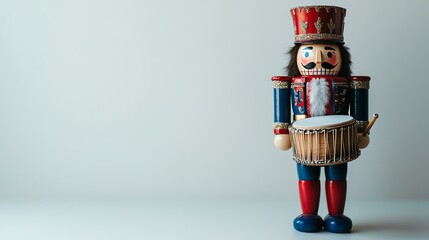 Traditional nutcracker holding a drum, placed on a plain white background, isolated