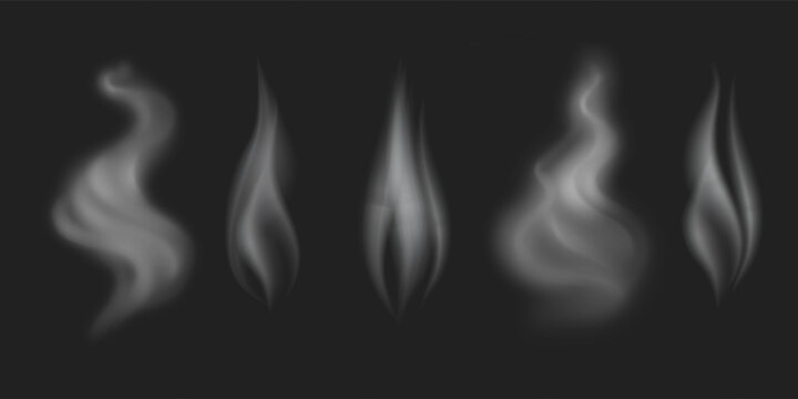 Tea smoke, coffee cup, food steam or vapor clouds, realistic white cigarette or hookah steam trail, hot dish Vector illustration