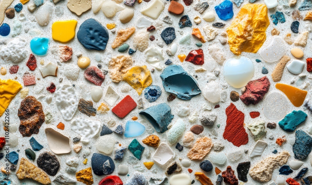 Poster scientific study of microplastics under a microscope with detailed texture and color variations