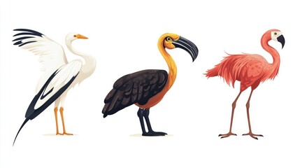 Diverse Collection of Isolated Asian Animals on a White Background: Unique Birds and Wildlife Assortment