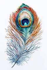Obraz premium A stunning peacock feather with vibrant hues of blue, green, and orange showcasing intricate patterns.