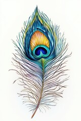 Obraz premium A vibrant peacock feather displaying rich blues, yellows, and greens, showcasing intricate textures and patterns.
