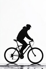 Obraz premium Silhouette of a male cyclist wearing a helmet, captured in motion against a bright background.