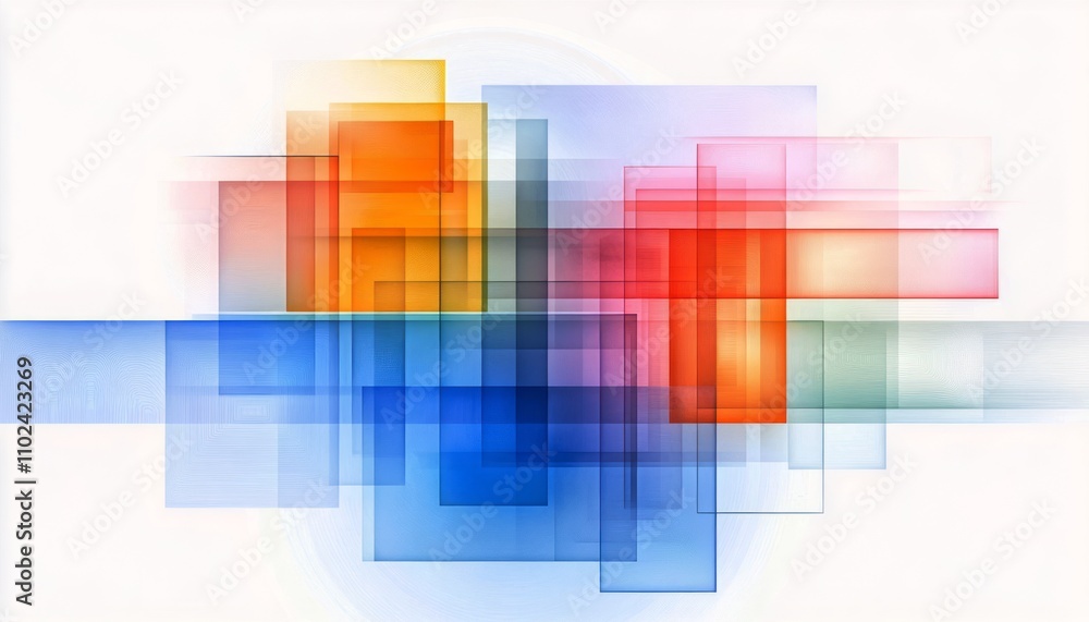 Poster bright, overlapping squares and rectangles form an eye-catching abstract design