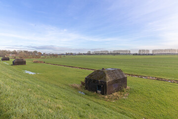 Culemborg, the Netherlands. Dutch concrete bunkers in the meadow built in the Dutch pasture. Part of the Nieuwe Hollandse Waterlinie.