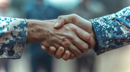 A veteran in a suit shakes hands with a fellow service member at an outdoor event