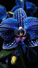 a blue orchid with raindrops. Close-up. Macro photography. Vertical image. one flower