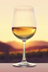 Obraz premium A crystal clear wine glass filled with golden white wine against a stunning sunset backdrop.