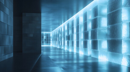 Modern Corridor with Illuminated Salt Block Walls Featuring a Cool Blue Glow and Sleek Minimalist Design