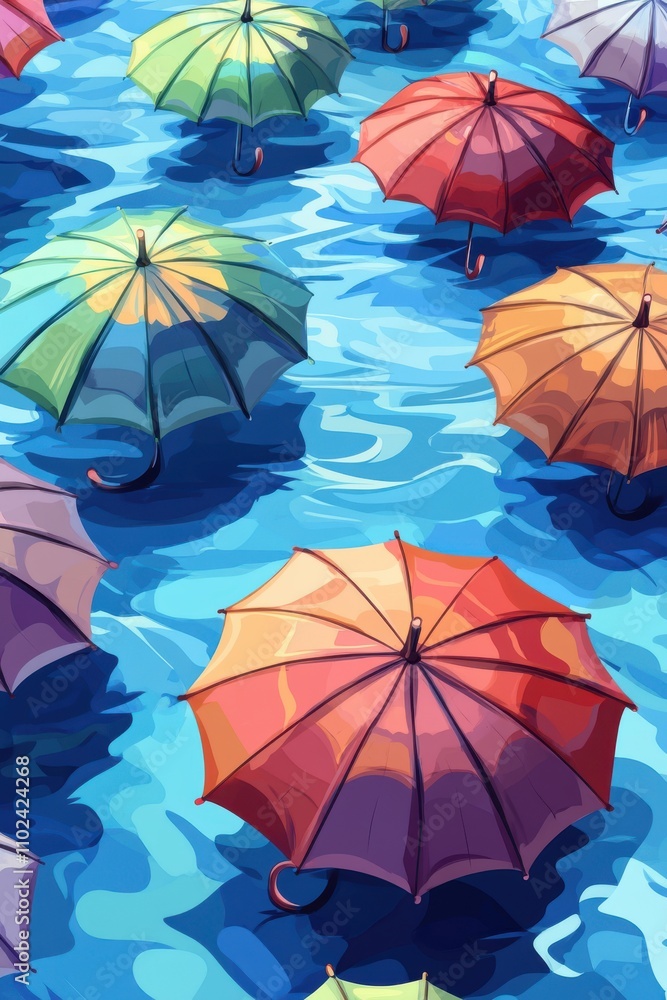 Poster a vibrant scene of colorful umbrellas floating on a shimmering blue surface, creating a playful and 