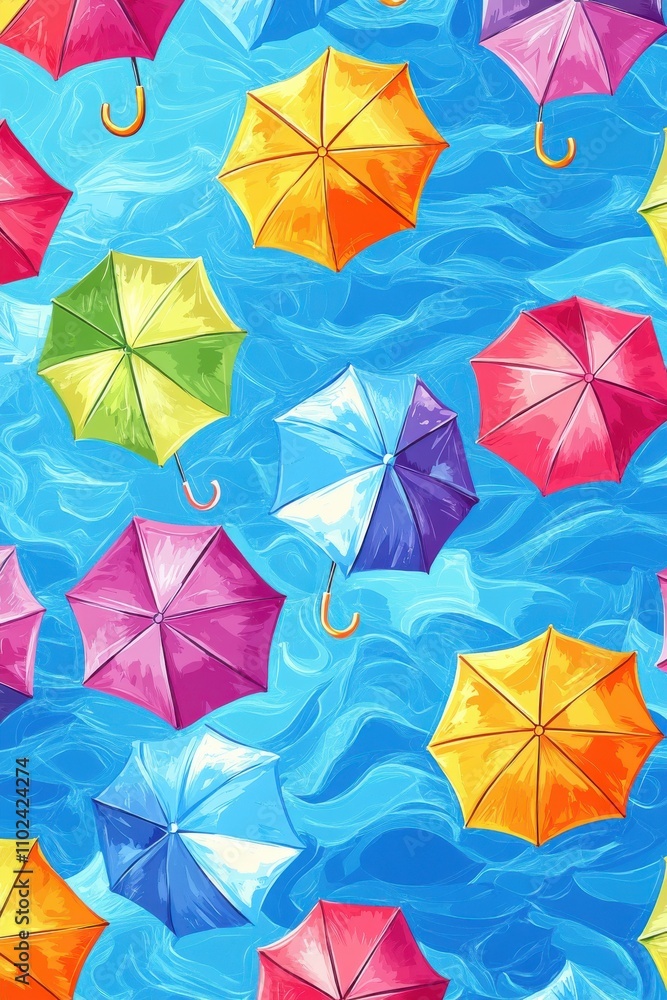 Poster a vibrant array of colorful umbrellas floating on a blue water surface, creating an uplifting and ch