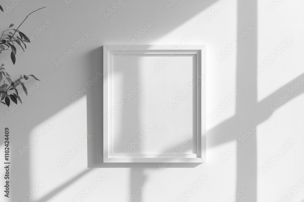 Poster stylish empty white frame displayed on light wall, showcasing clean design with natural window light
