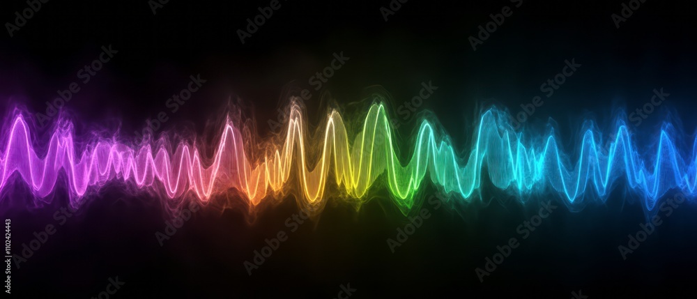 Poster vibrant sound waves in multiple colors show the visual representation of audio frequencies