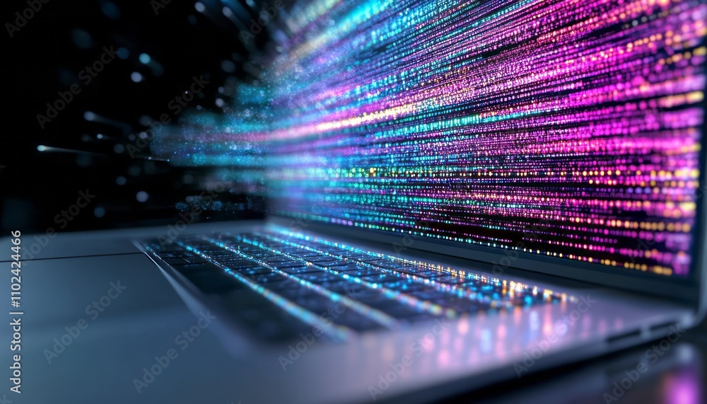 Poster bright light trails display data flowing from a laptop, symbolizing technology and innovation