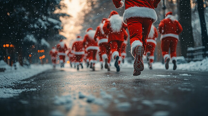 Group of Santa Clauses running joyfully through snowy winter street, shopping concept