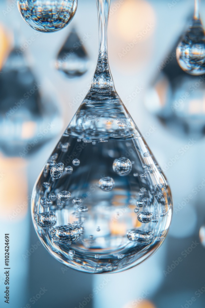 Poster a close-up of a water droplet with bubbles suspended inside, creating a captivating and abstract vis