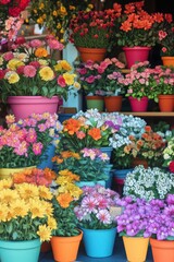 A vibrant display of colorful flowers in pots, showcasing a joyful assortment of blooms in various hues.