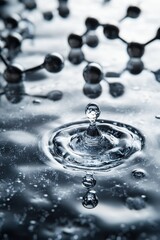 A close-up of a water droplet creating ripples, surrounded by abstract molecular structures in a cool color palette.