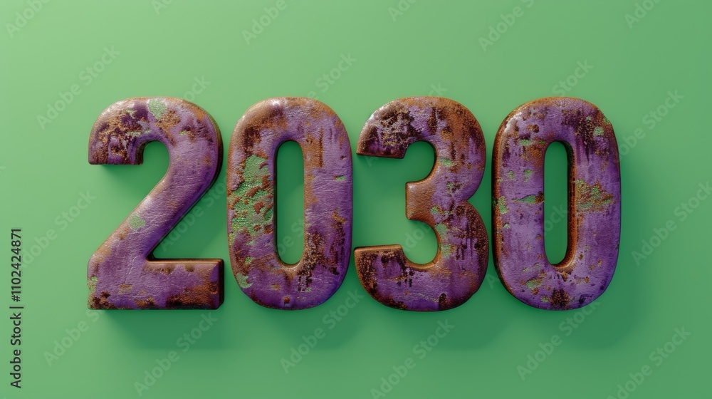 Poster a close-up of the year 2030 presented in purple 3d numbers with a corroded texture, set against a te