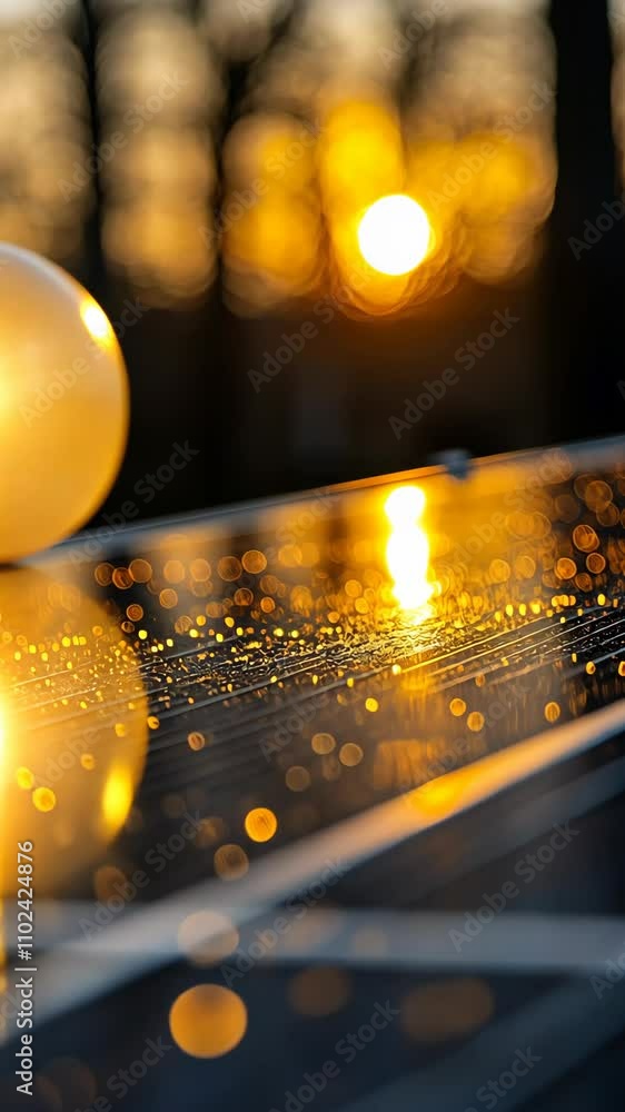 Poster golden sunset reflecting on a wet surface with a glowing light source and bokeh effect in a tranquil