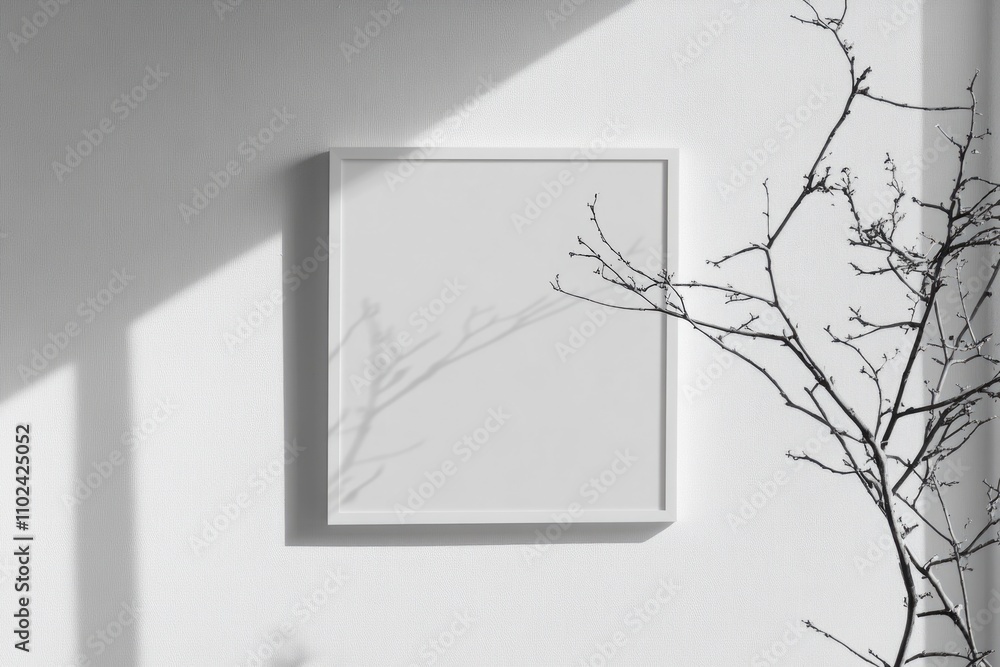Poster clean minimalist white frame mockup displayed on bright wall with gentle window light and subtle sha