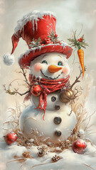 Vintage Christmas card with funny snowman in red top hat and scarf.