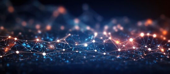 Obraz premium Abstract glowing network connection background with blue and orange lights and depth of field.