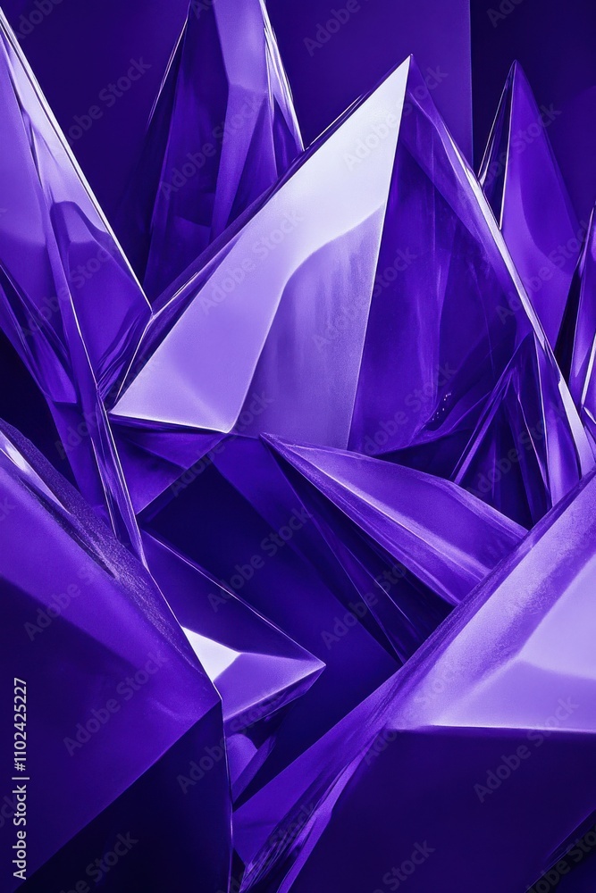 Poster a stunning array of sharp, purple crystal formations reflecting light in dynamic angles.