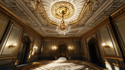 Fototapeta premium A Victorian ceiling with intricate plaster moldings and a grand gold-and-crystal chandelier