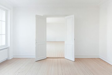 Bright Interior of an Unoccupied Room with an Opened Door Leading to Freedom