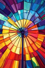 Vibrant stained glass creates a stunning kaleidoscope of colors, resembling a rainbow wheel.