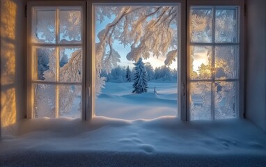 a frosty window with intricate ice patterns, a snowy landscape visible outside