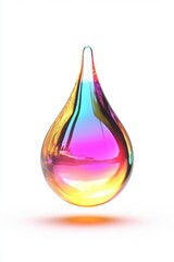 A vibrant, multicolored droplet suspended in mid-air, showcasing a spectrum of colors including pink, orange, and blue.