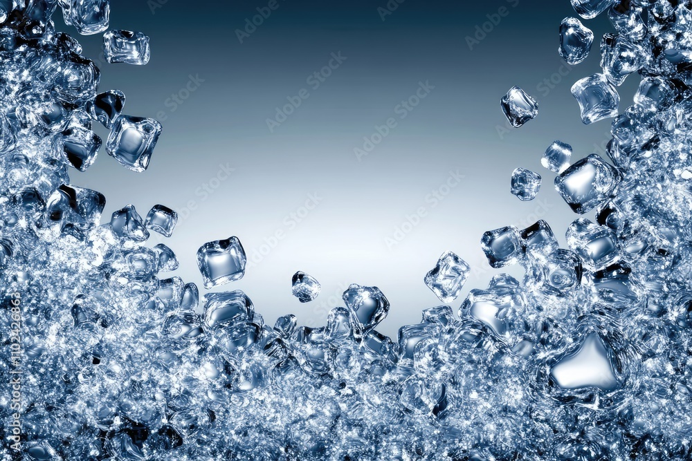 Poster crystal-clear ice pieces dance majestically against a soft gradient background, capturing light and 