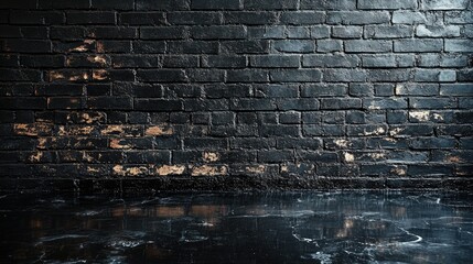 A textured black brick wall with peeling paint and a glossy floor, creating an urban atmosphere.