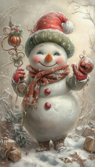 Vintage Christmas card with smiling snowman in red green Santa hat.